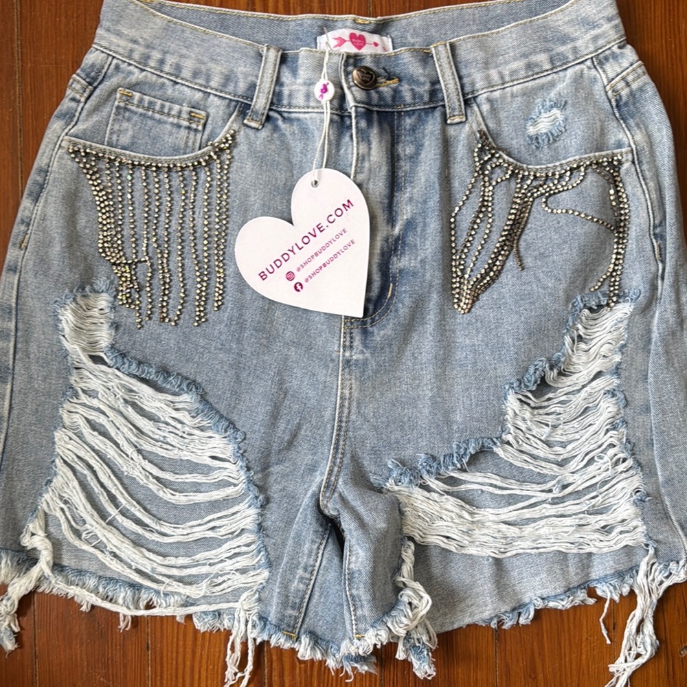 Buddy Love Light Blue Distressed Jean Shorts with Silver Chains